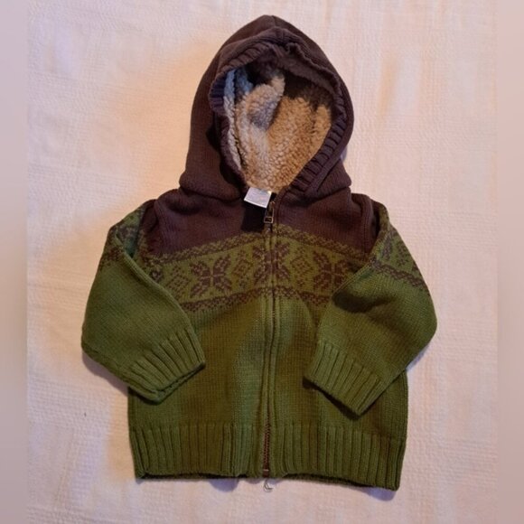 Gymboree boys size 12-18 months green and brown knit sweater fuzzy lined hood - Picture 1 of 3
